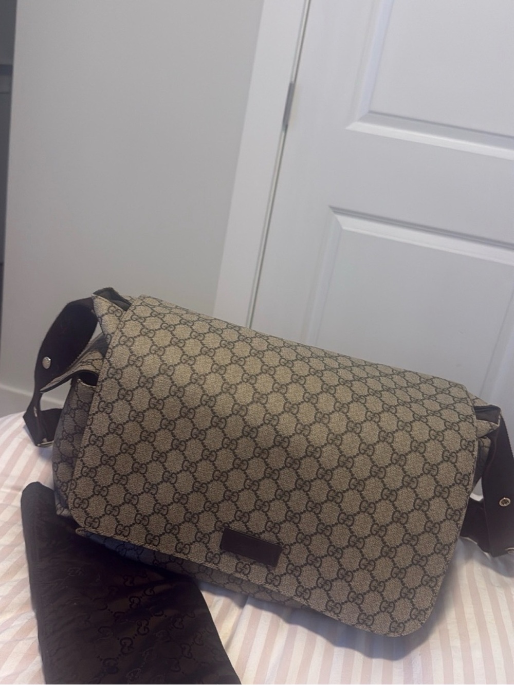 Gucci Beige GG Supreme Baby Bag with Brown Strap